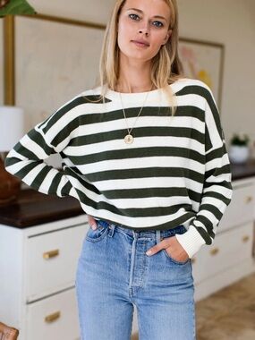 Emerson Fry Olive & White Striped Carolyn Crewneck Sweater S